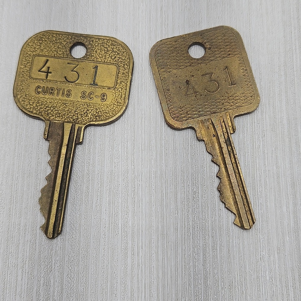 Vintage Curtis SC-9 Brass Keys Pair Number 431 Textured Square Head Industrial